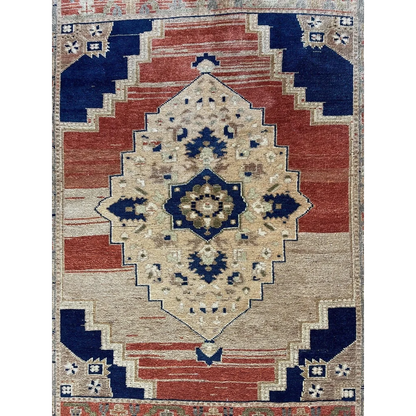 Vintage 1950s Turkish Oushak wool rug with red-blue medallion