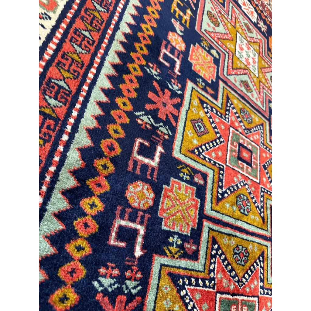 Vibrant 1960s Armenian Karabakh Artsakh hand-knotted rug in navy, red, gold, cream