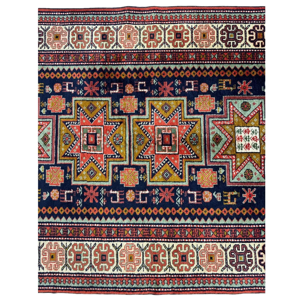 Vibrant 1960s Armenian Karabakh Artsakh handwoven rug with bold geometric patterns