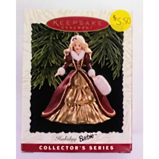 Stunning 1996 Holiday Barbie Keepsake Ornament in burgundy gold dress