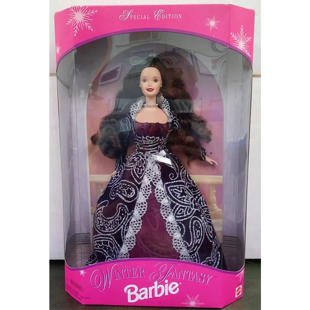 Stunning 1996 Winter Fantasy Barbie doll in purple black dress with white paisley, sealed in box