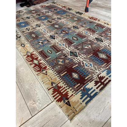 Stunning 19th century Turkish Reyhanli kilim rug with blue red patterns