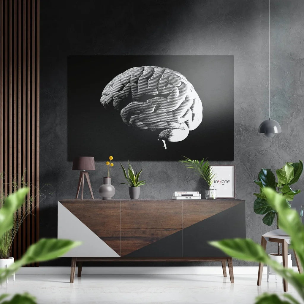 Stunning 3D brain model wall art on brushed aluminium dibond in silver and black