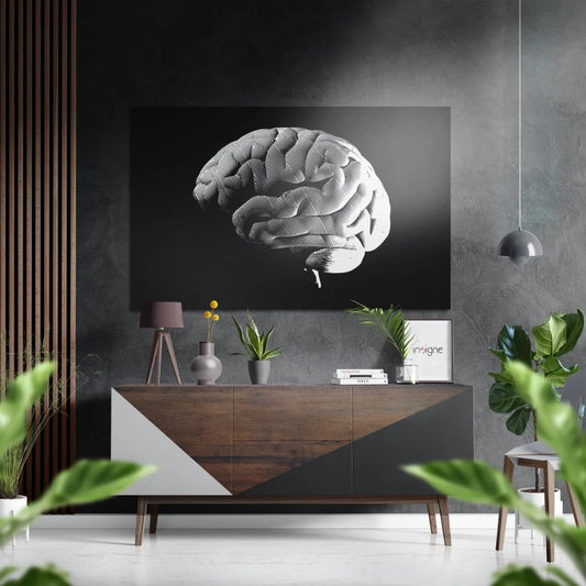 Stunning 3D brain model wall art on brushed aluminium dibond in silver and black