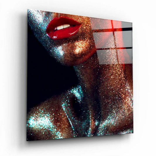 Glittery gold body paint with red lips on stunning 3D galaxy glass wall art