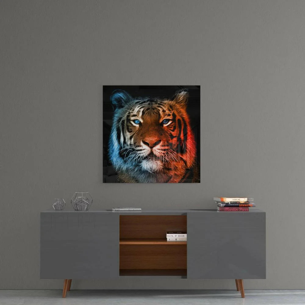 Vibrant 3D illuminated tiger glass wall art that glows