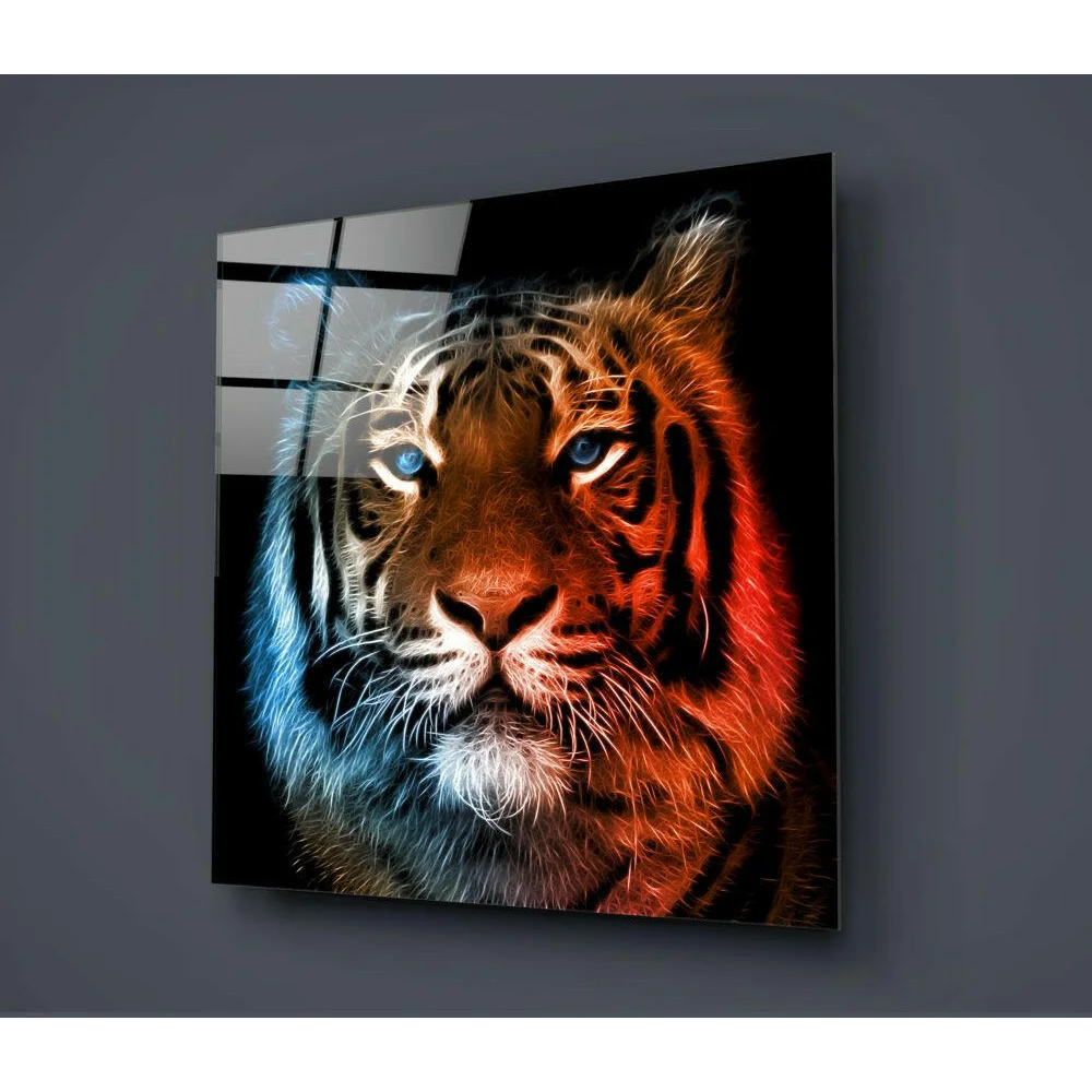 Stunning 3D illuminated tiger glass wall art with vibrant orange black stripes