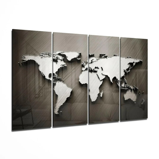 Stunning 3D metallic silver world map glass wall art in black geometric design