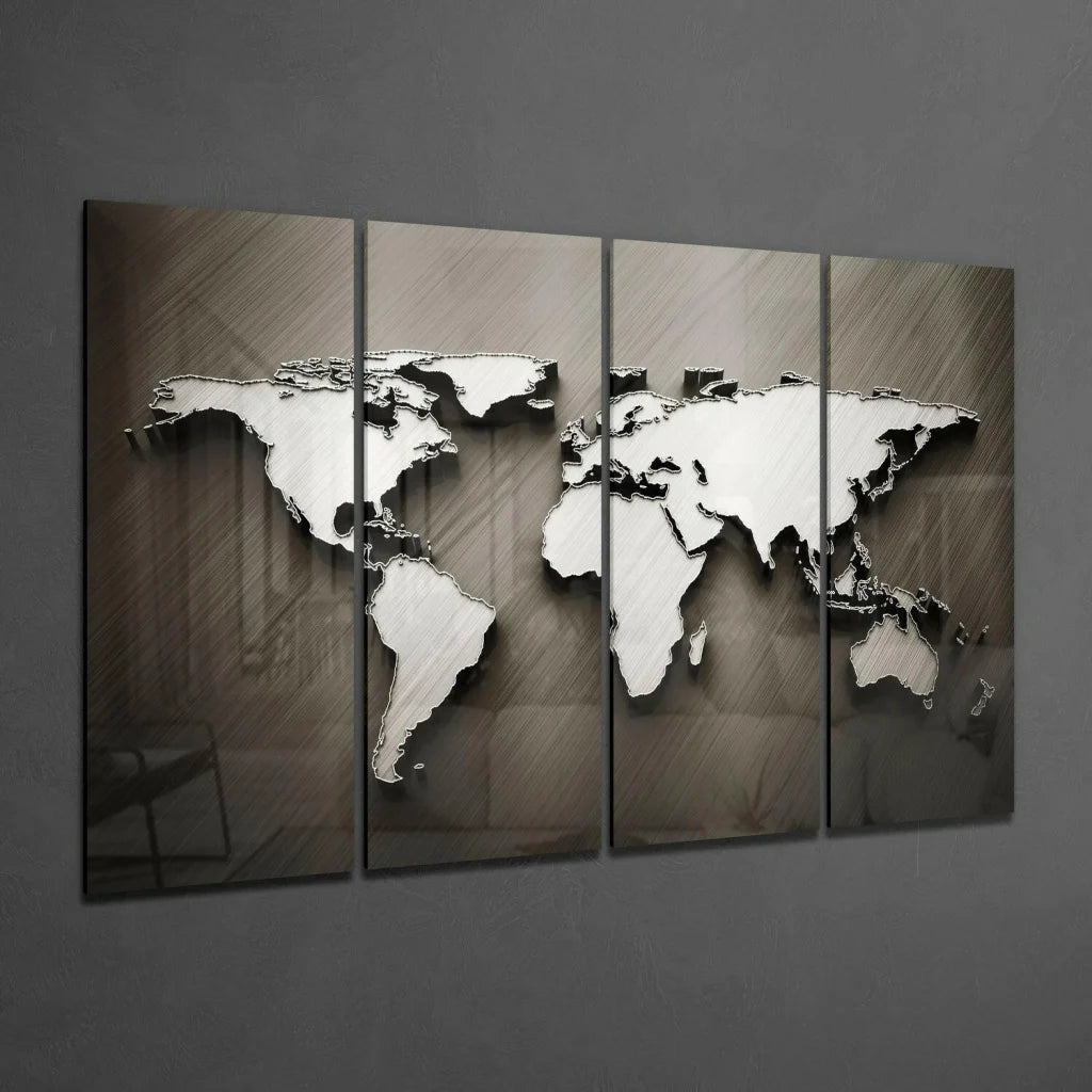 Stunning 3D metallic silver world map glass wall art