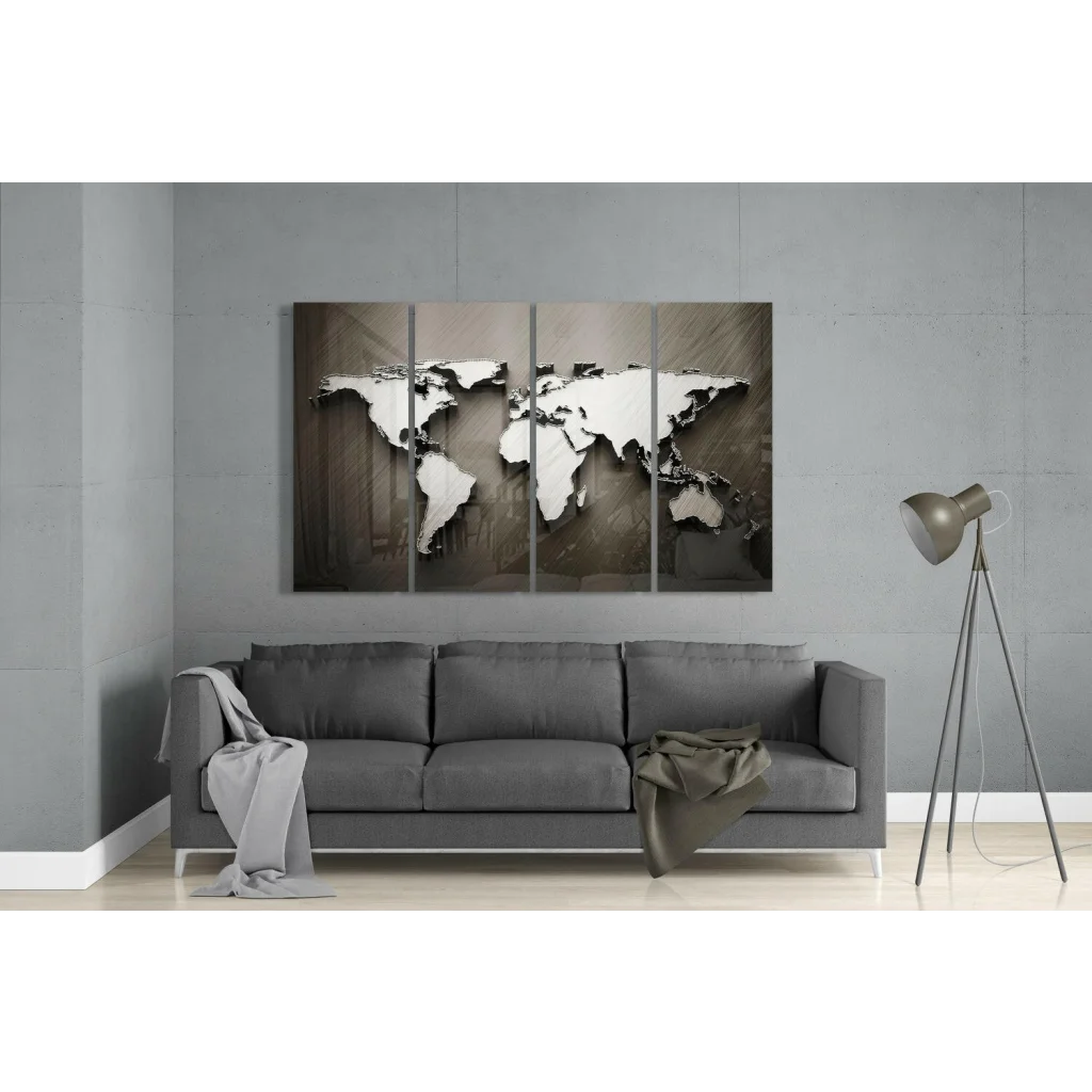 Stunning 3D metallic silver world map wall art in black with wood grain