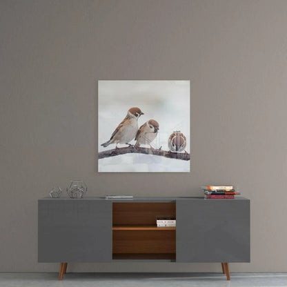 Gray modern sideboard with copper legs and stunning 3D sparrow wall art