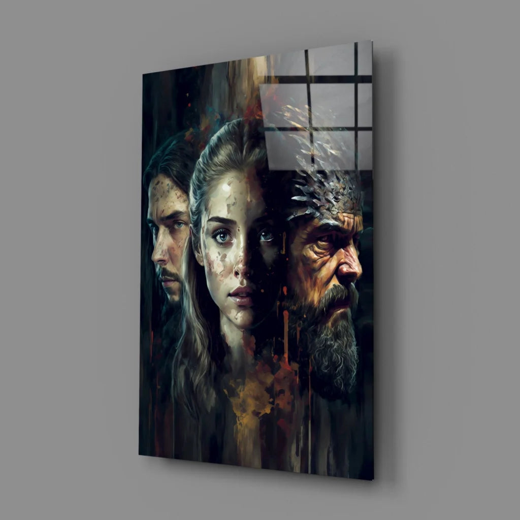 Stunning 3D triptych glass wall art with bold dramatic faces