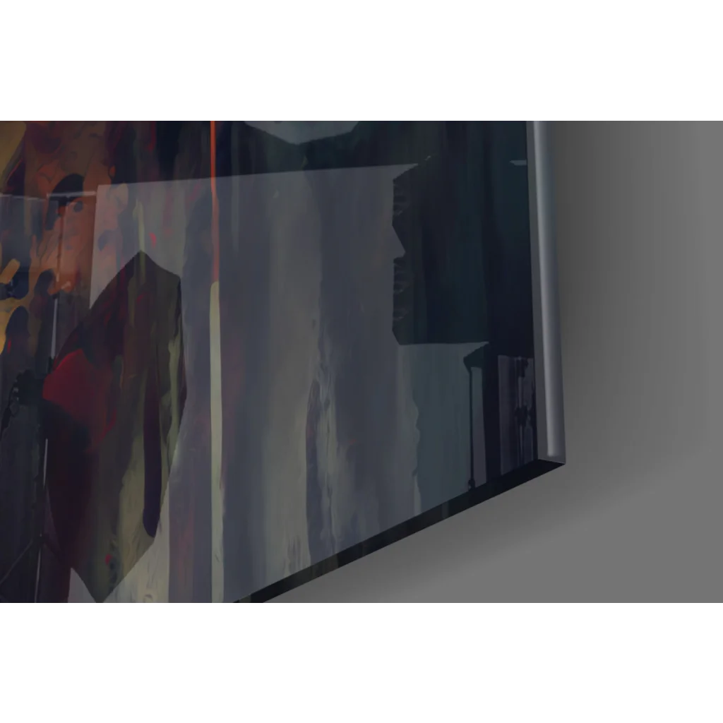 Stunning 3D glass wall art with bold dramatic faces on black silver TV