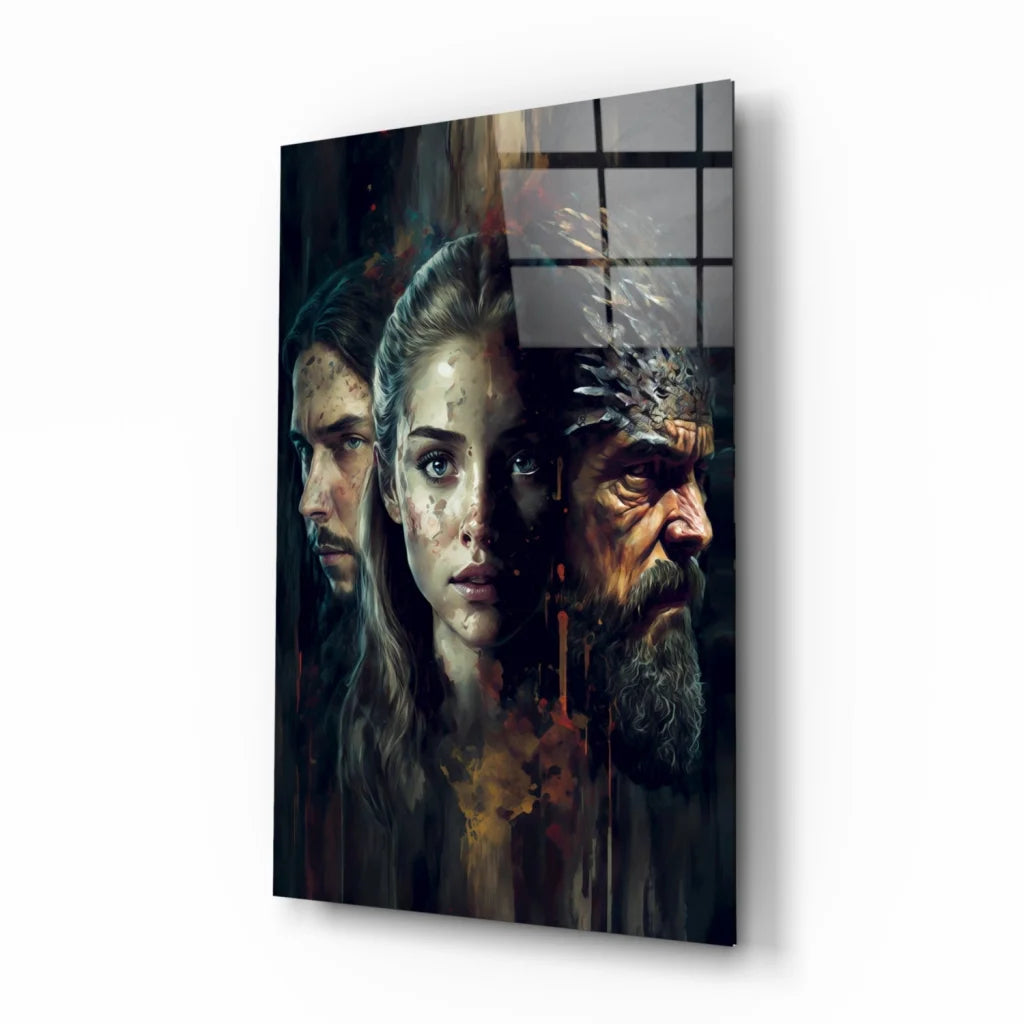 3D printed metal triptych wall art with bold dramatic faces