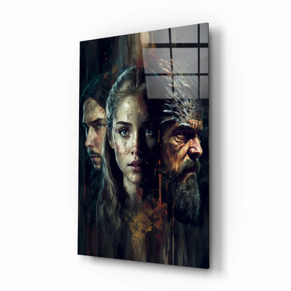 3D printed metal triptych wall art with bold dramatic faces