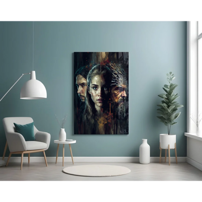 Stunning 3D triptych wall art with bold dramatic faces on teal walls