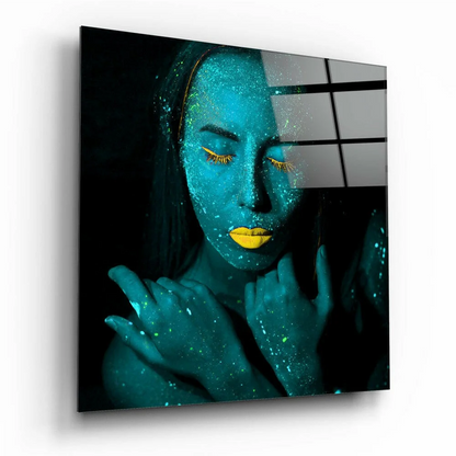 Blue glittery face art print on canvas as vibrant glass wall art