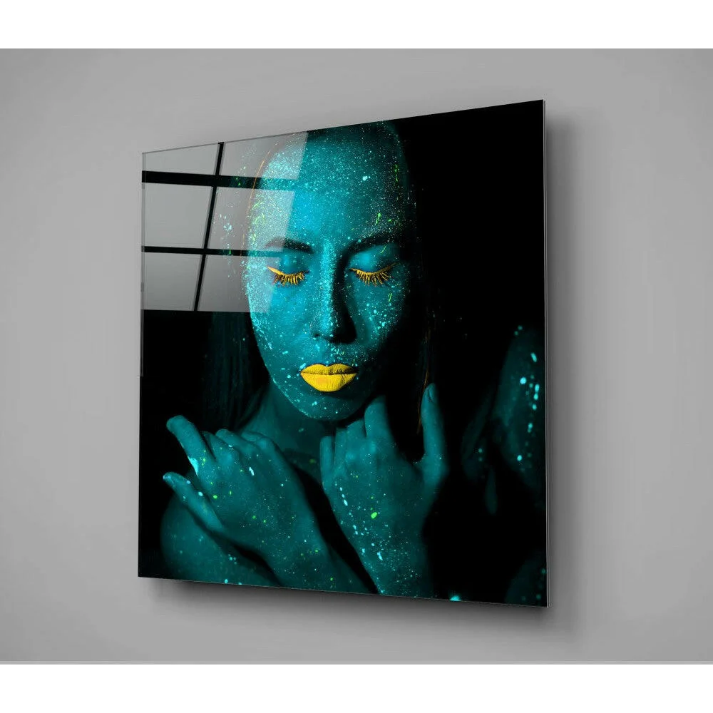Vibrant blue and yellow face glass wall art on 4K smart TV