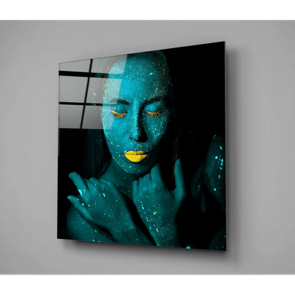 Vibrant blue and yellow face glass wall art on 4K smart TV