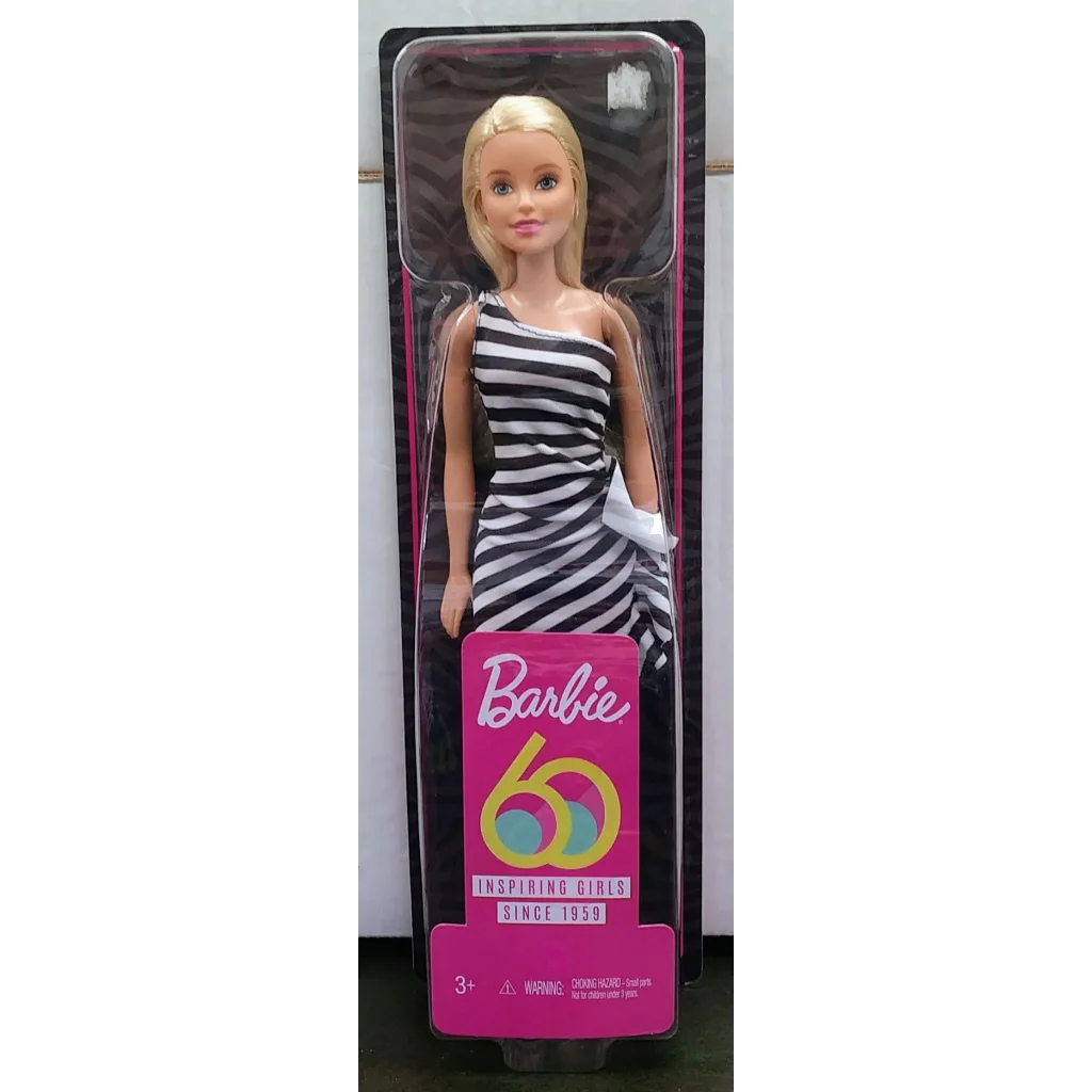 Stunning 60th Anniversary Barbie Doll in black and white striped dress, sealed in box