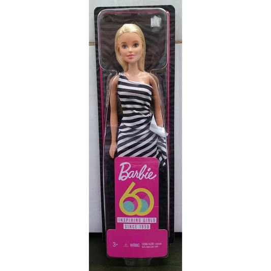 Stunning 60th Anniversary Barbie Doll in black and white striped dress, sealed in box