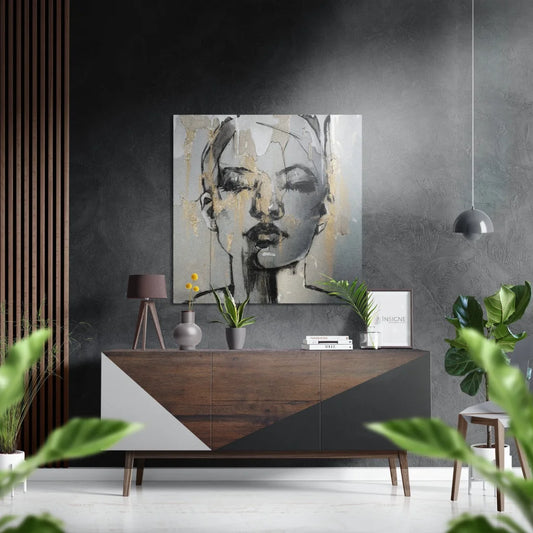 Grayscale abstract face portrait with gold leaf on brushed aluminium dibond panel
