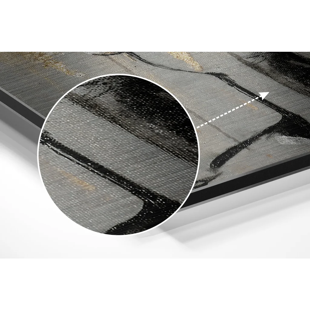 glass wall art Abstract black and gray brushstrokes with gold on brushed aluminium dibond