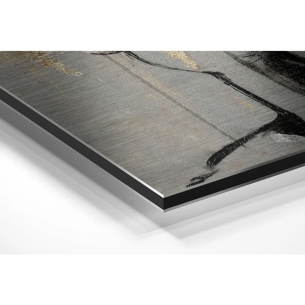 Stunning abstract art on brushed aluminium dibond with gray canvas and gold strokes