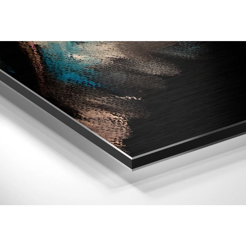 Glass Wall Art Black abstract art print on brushed aluminium dibond with teal copper accents