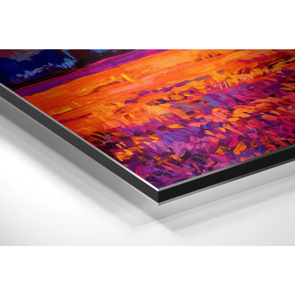 Vibrant abstract art with orange, purple, magenta strokes on brushed aluminium dibond