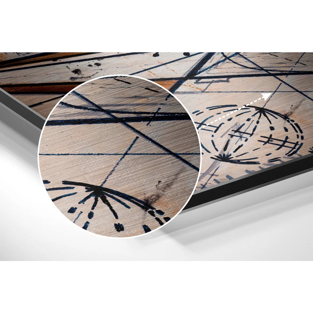 Abstract bold black lines and splatters on weathered wood, brushed aluminium dibond print