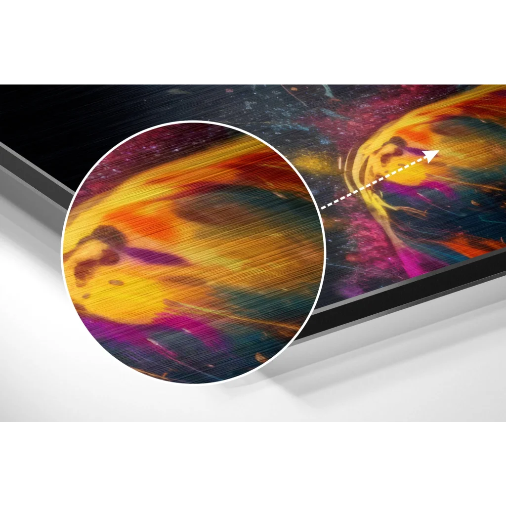 Vibrant abstract painting on brushed aluminium dibond