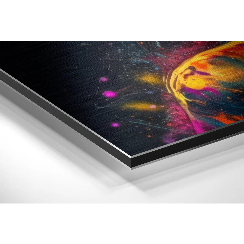 Vibrant abstract canvas print on brushed aluminium dibond with yellow, pink, purple splashes