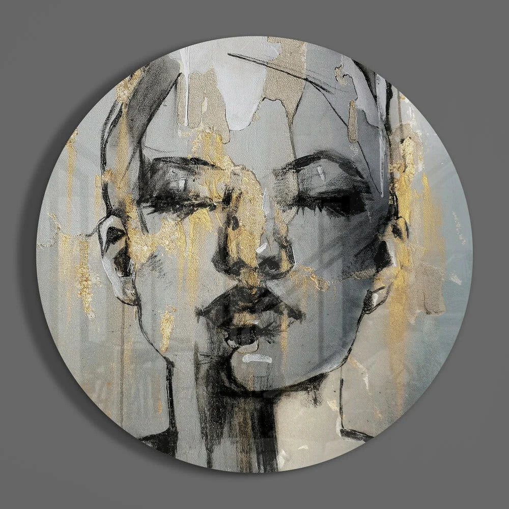 Stunning abstract face tempered glass art with gold accents