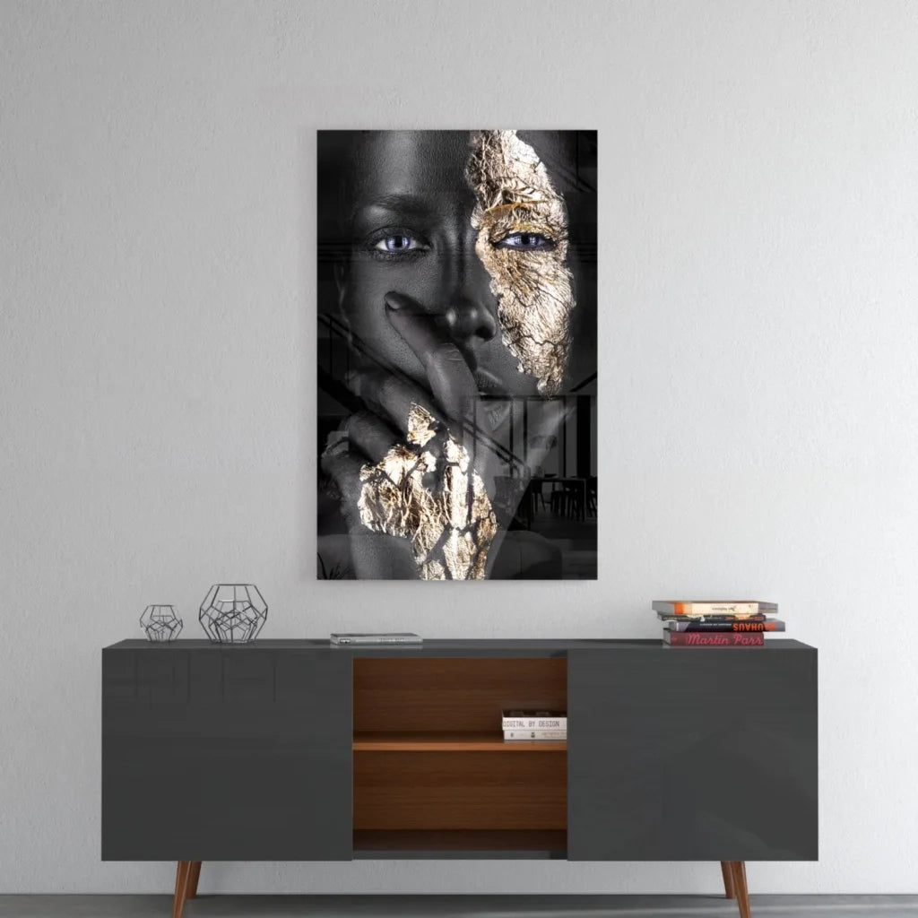 Black and gold abstract face wall art print on canvas with textured details