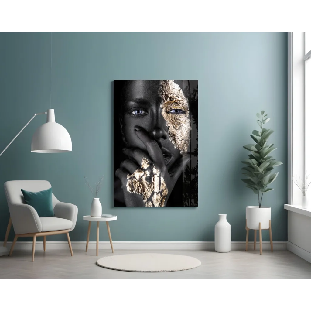 Stunning black and white abstract face wall art with gold textured details
