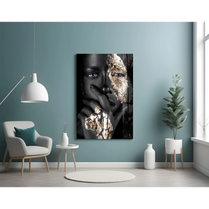 Stunning black and white abstract face wall art with gold textured details