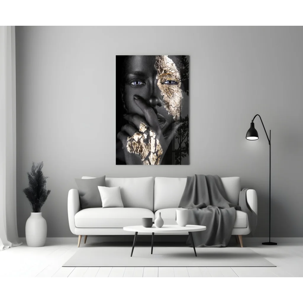 Black and white abstract woman face wall art with gold textured details