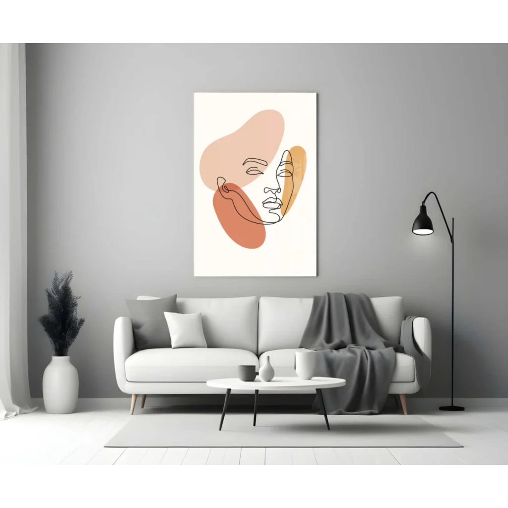 Minimalist abstract faces wall art canvas in peach terracotta tones