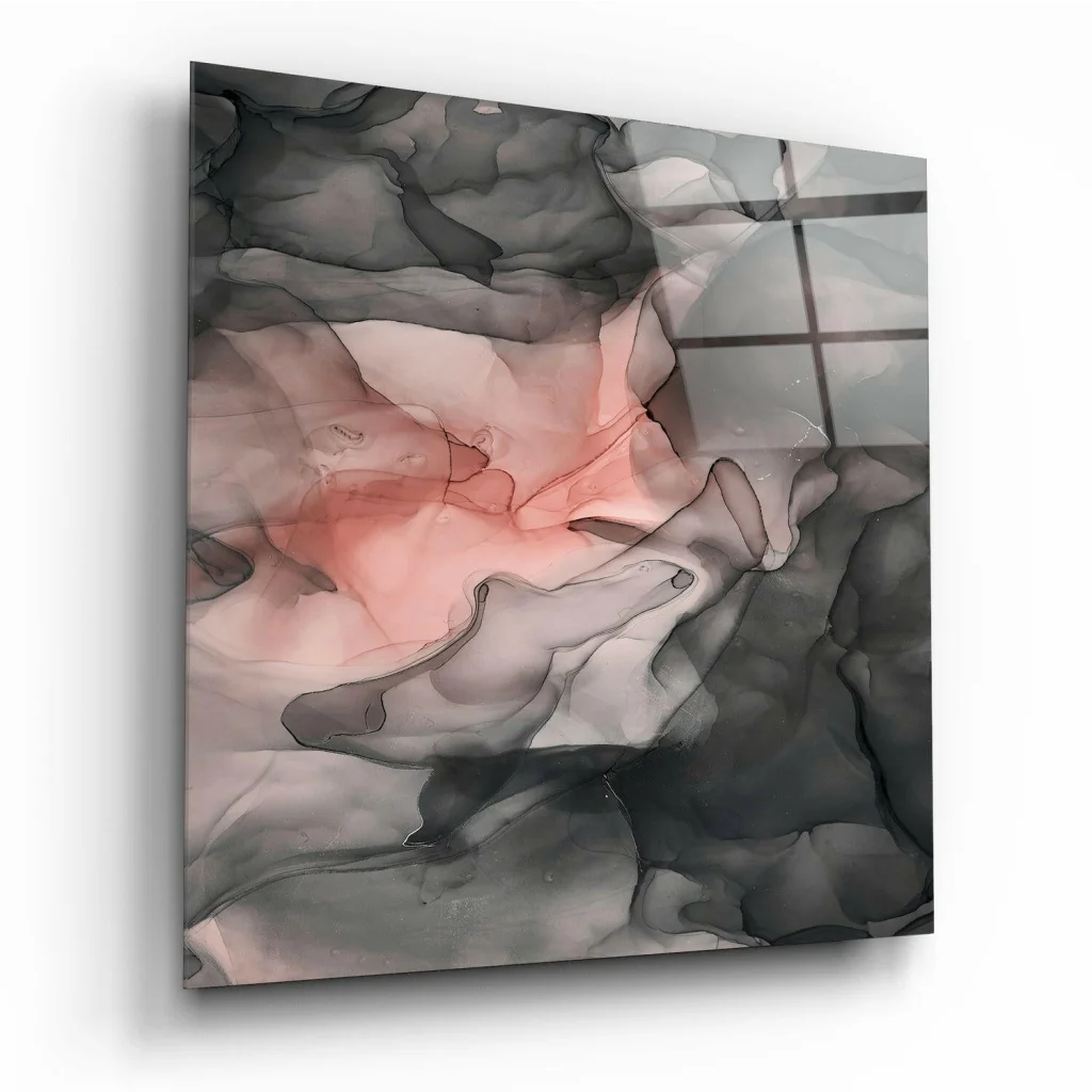 Stunning abstract glass wall art with swirling black, gray, pink gradients