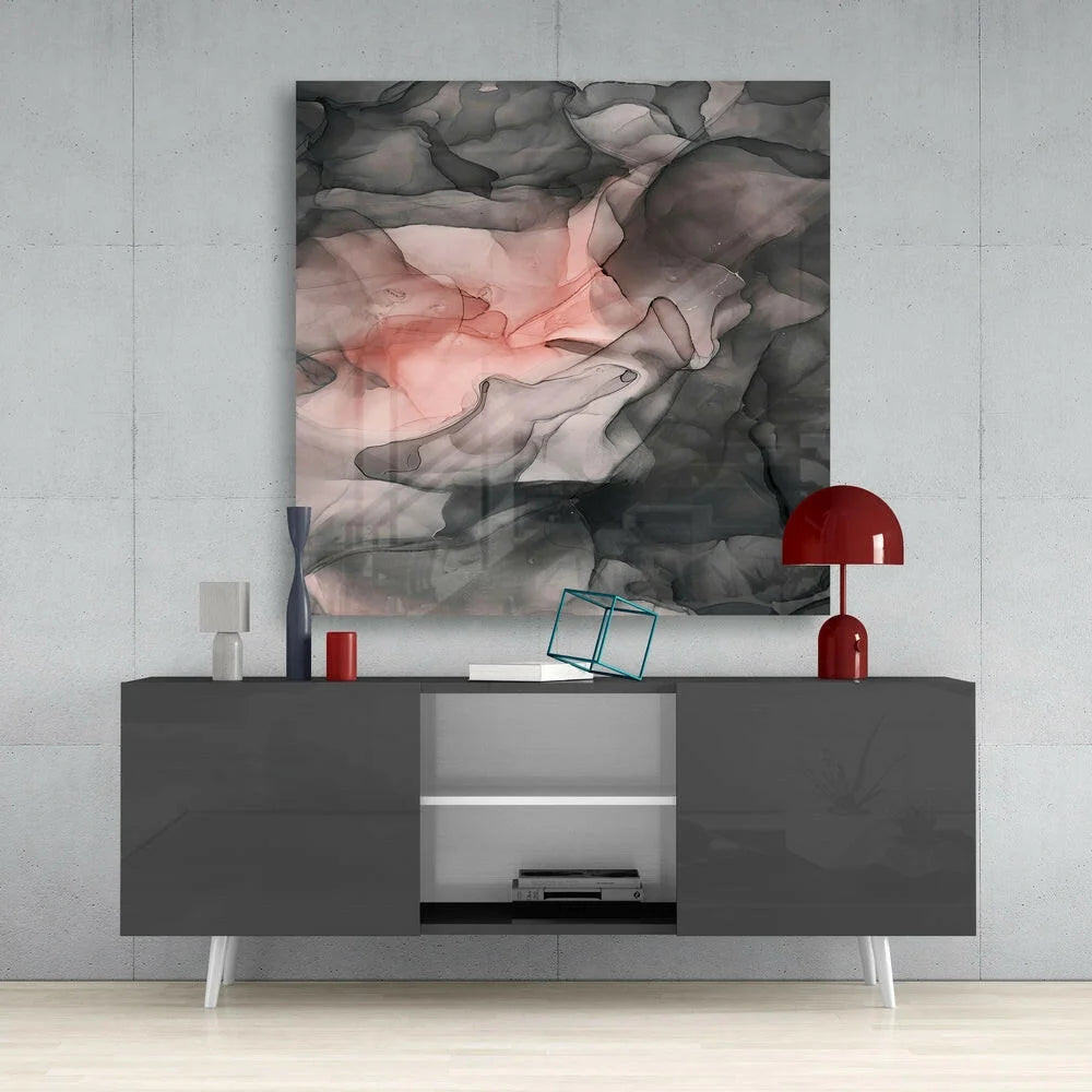 Stunning abstract glass wall art with swirling black, gray, and pink gradients