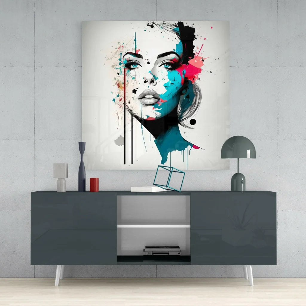 Modern gray sideboard with white shelves and black legs under stunning abstract wall art