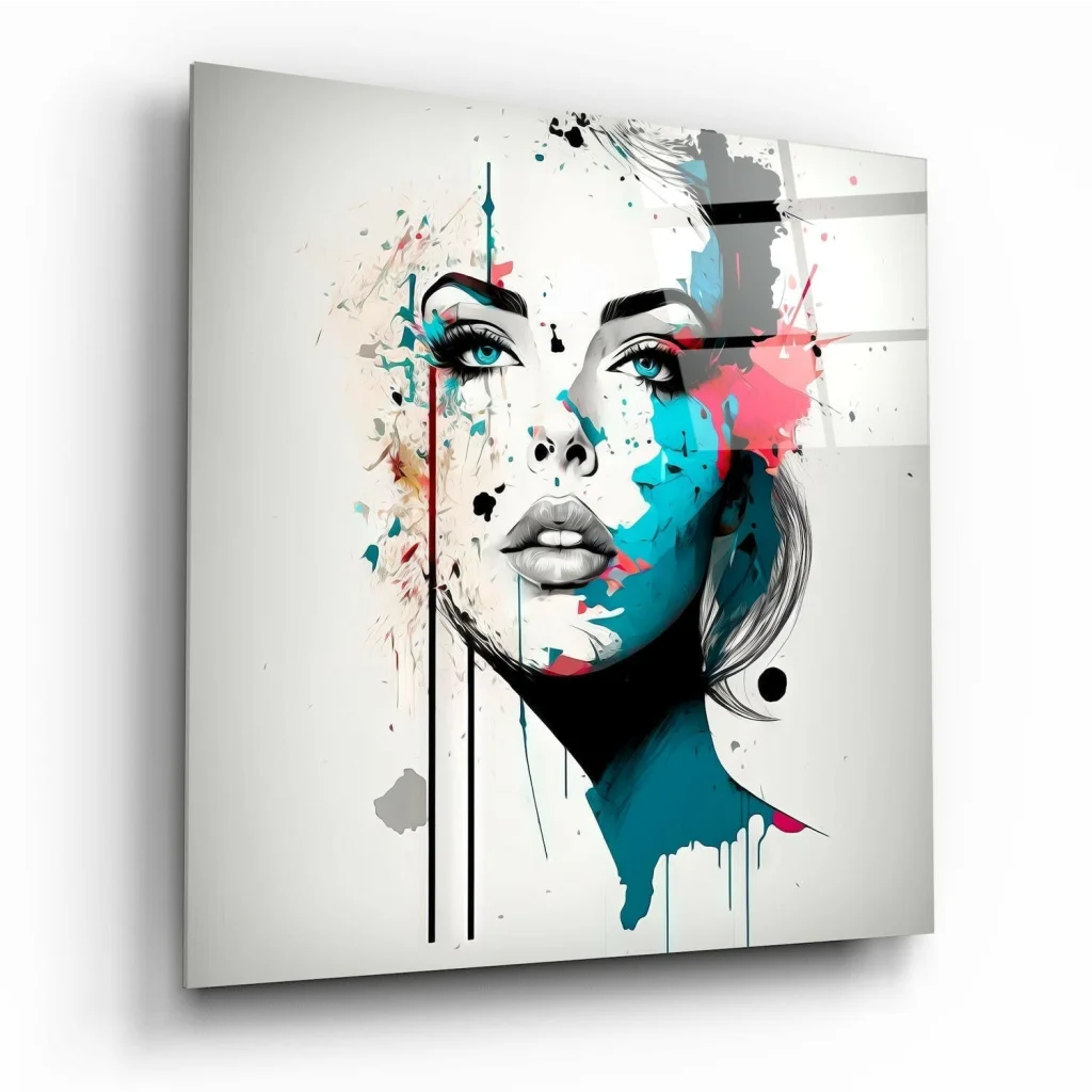 Colorful abstract portrait canvas wall art with geometric shapes and bold splashes