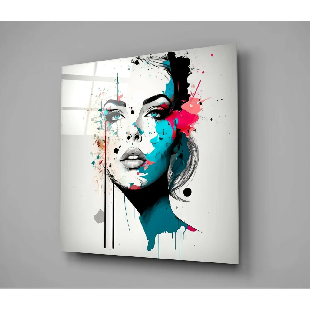 Stunning abstract portrait canvas wall art of womans face with colorful splashes