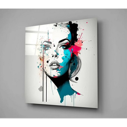 Stunning abstract portrait canvas wall art of womans face with colorful splashes