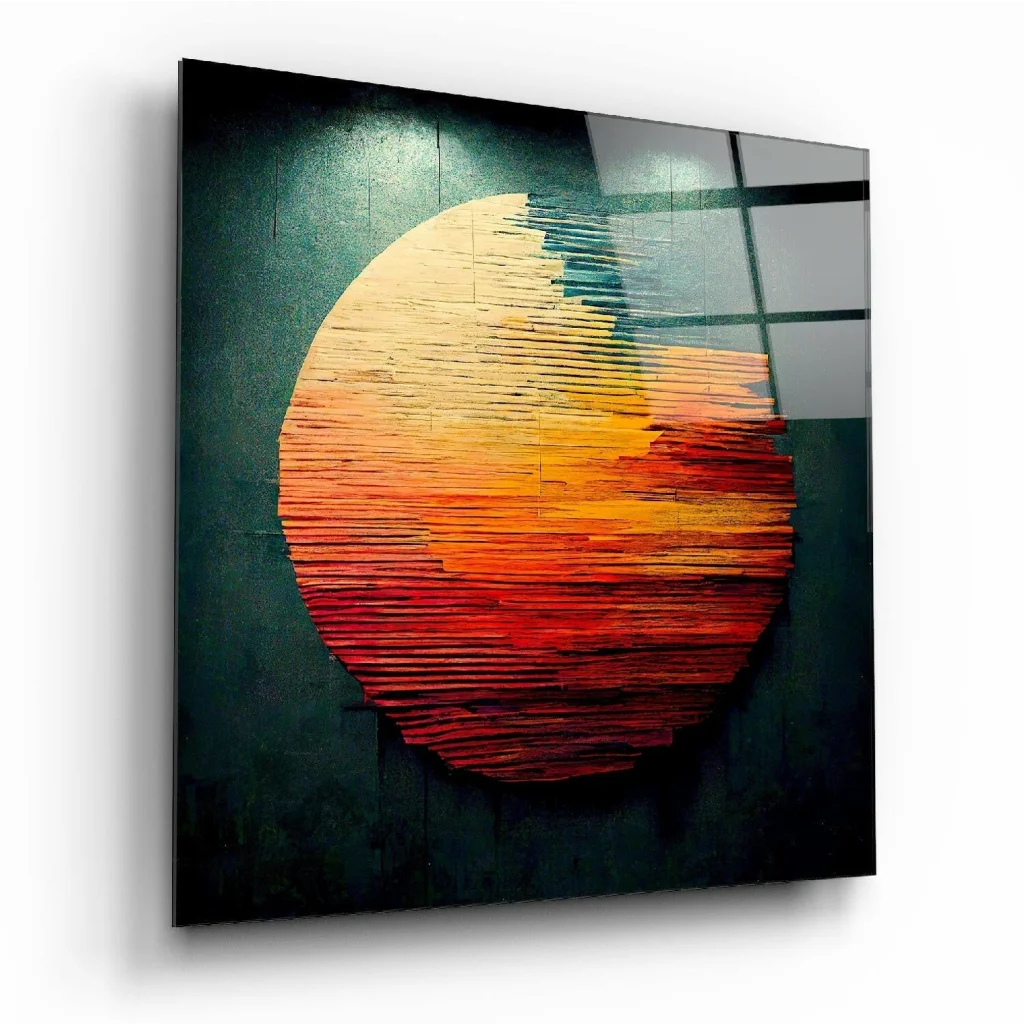 Vibrant circular abstract wall art canvas print in orange red wooden slats on teal