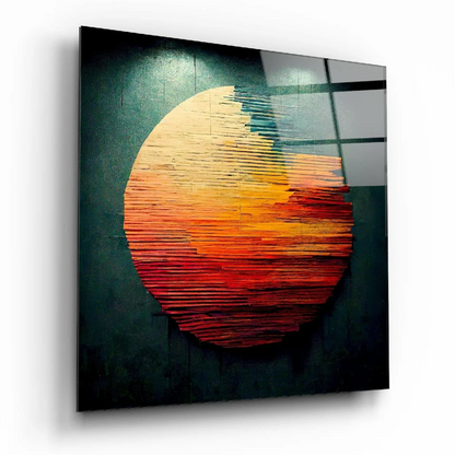 Vibrant circular abstract wall art canvas print in orange red wooden slats on teal