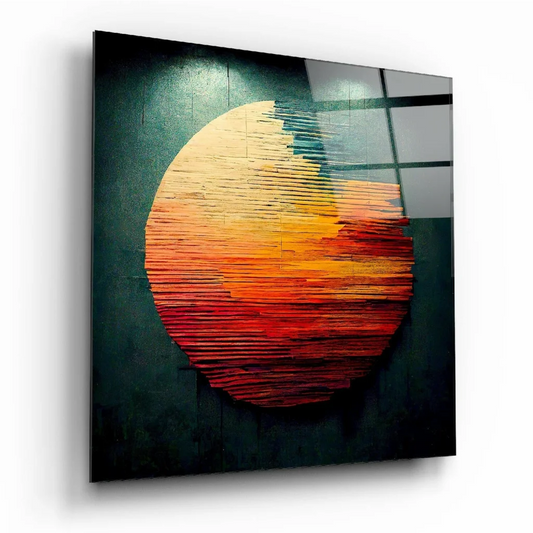 Vibrant circular abstract wall art canvas print in orange red wooden slats on teal