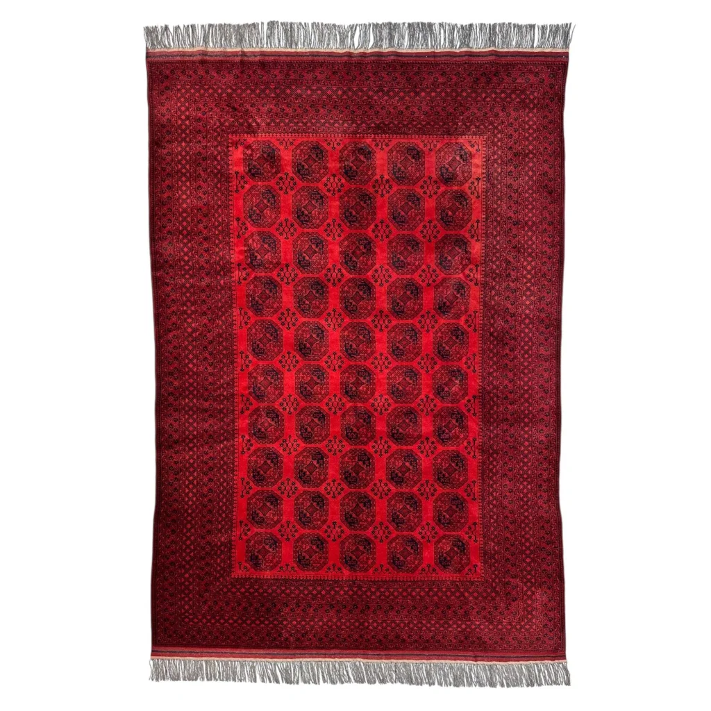 Afghan Ersari hand-knotted wool rug in deep red tones with geometric gul medallions