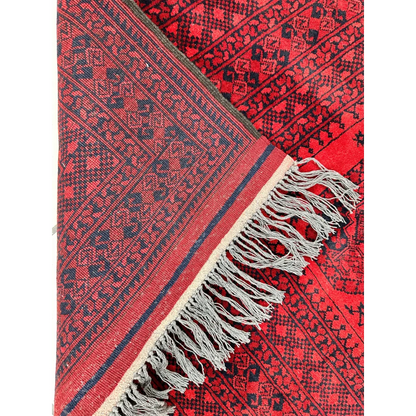Afghan Ersari hand-knotted rug in deep red tones with blue and black geometric patterns